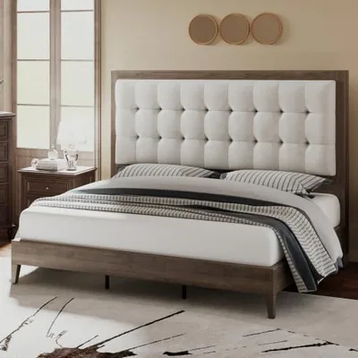 King Bed Frame Solid Wood, 50 in Tall Upholstered Headboard, Gray