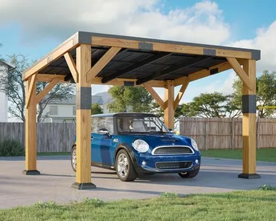 10x12x8 FT Cedar Wood Carport with Sloped Galvanized Steel Roof, Brown