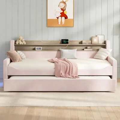 Twin Upholstered Daybed with Trundle and Charging Station, Pink