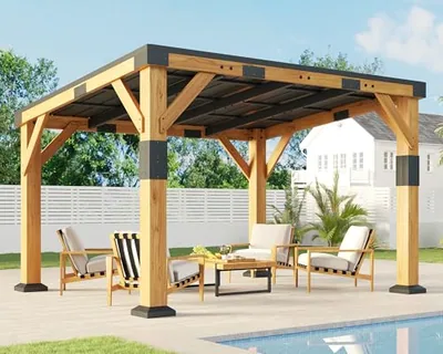 10' x 12' Cedar Wood Gazebo with Sloped Galvanized Steel Roof, Brown