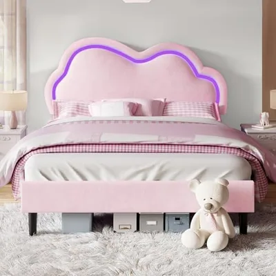 Twin Bed Frame Cloud Headboard LED Lights for Kids Room, Pink