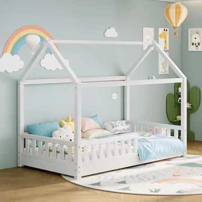 Twin Size House Bed for Kids with Guardrails, White