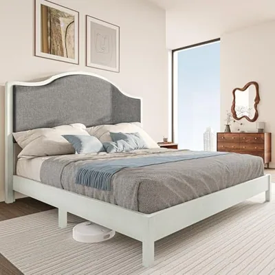 King Size Wooden Platform Bed Frame with Upholstered Headboard, Cream