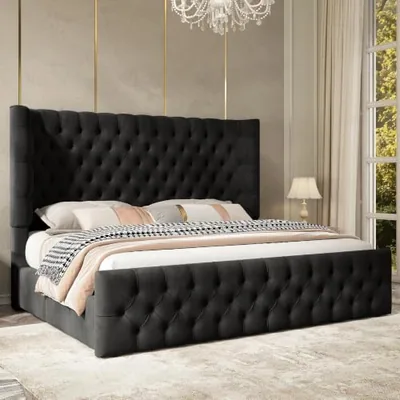 Queen Bed Frame Upholstered Wingback Headboard & Footboard, Black